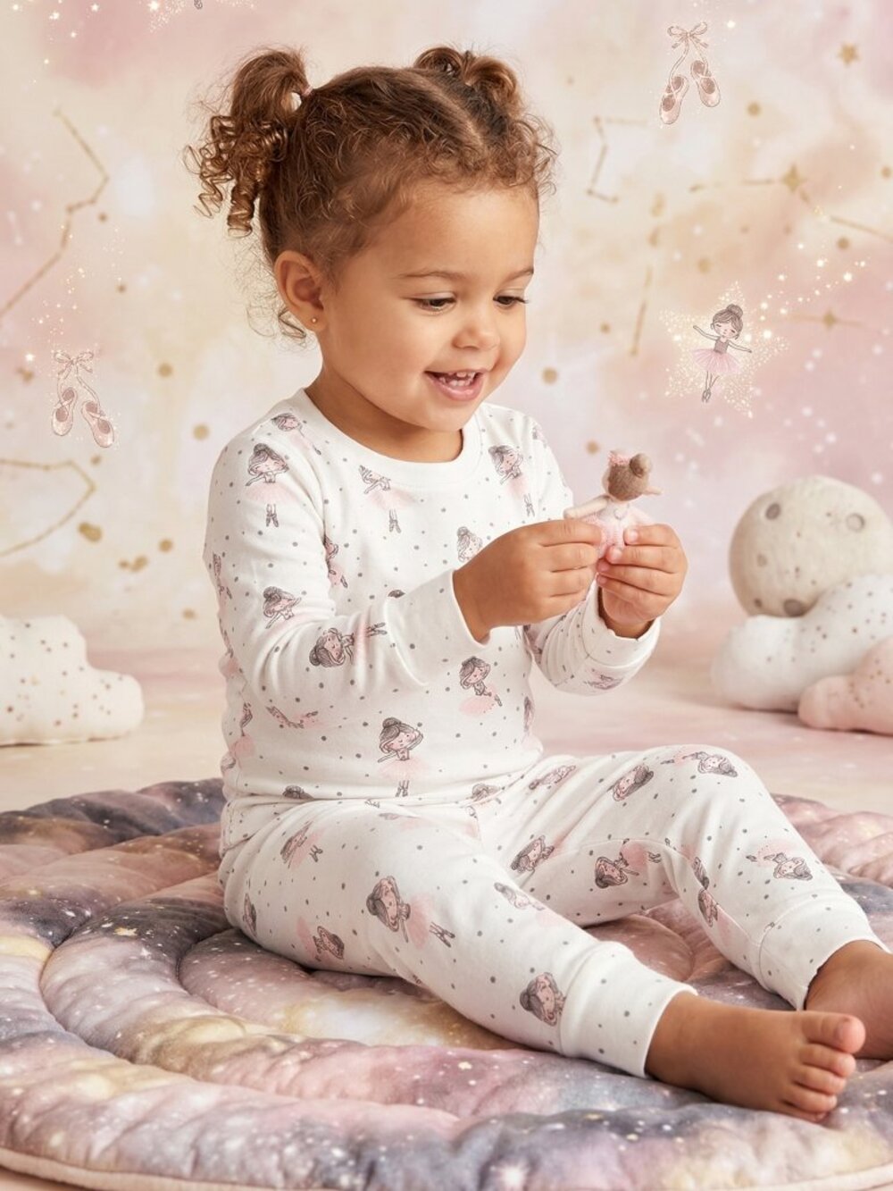 Girls Ballerina & Stars Graphic Pajama Set - White & Pink Ballet PJs